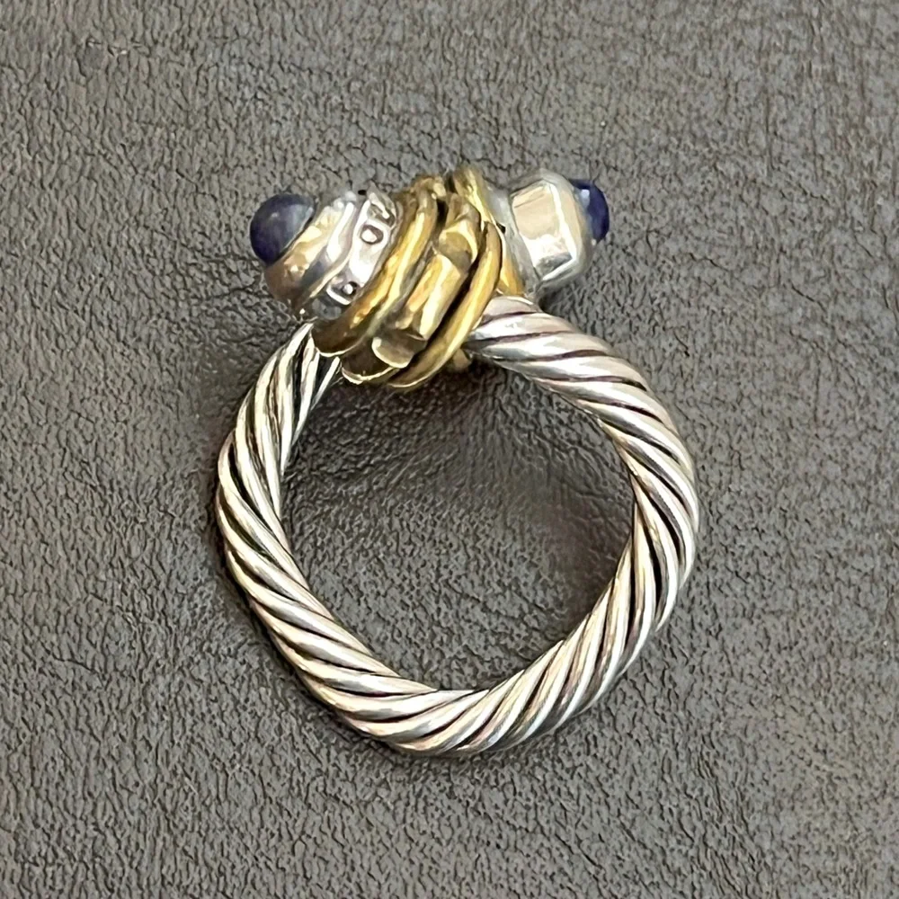 Vintage Taxco Mexico sterling silver brass and lapis cable bypass ring